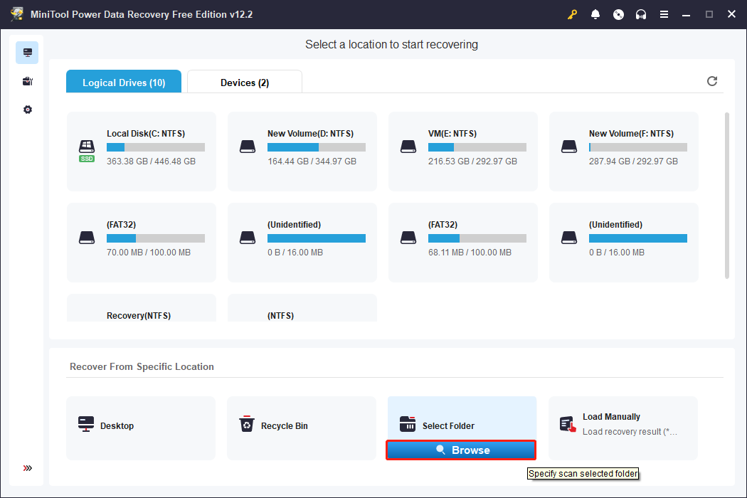 scan the folder where WMA files were stored in the main interface of MiniTool Power Data Recovery