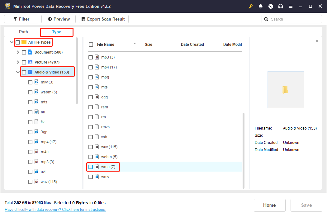 use the Type feature to find the needed WMA files in MiniTool Power Data Recovery