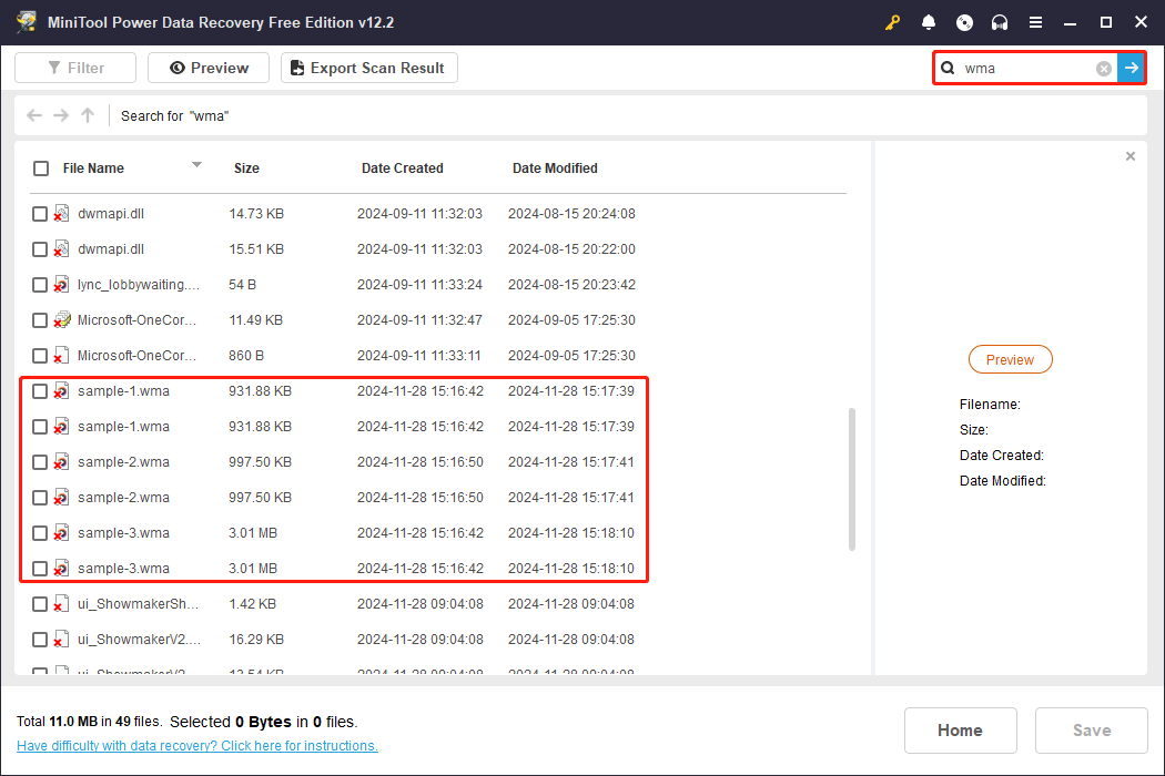 use the Search feature to find the needed WMA files in MiniTool Power Data Recovery