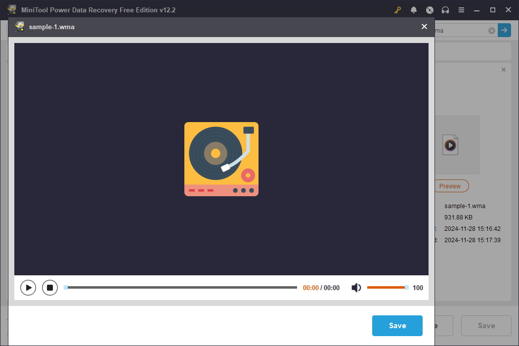 preview the needed WMA files with the Preview feature in MiniTool Power Data Recovery