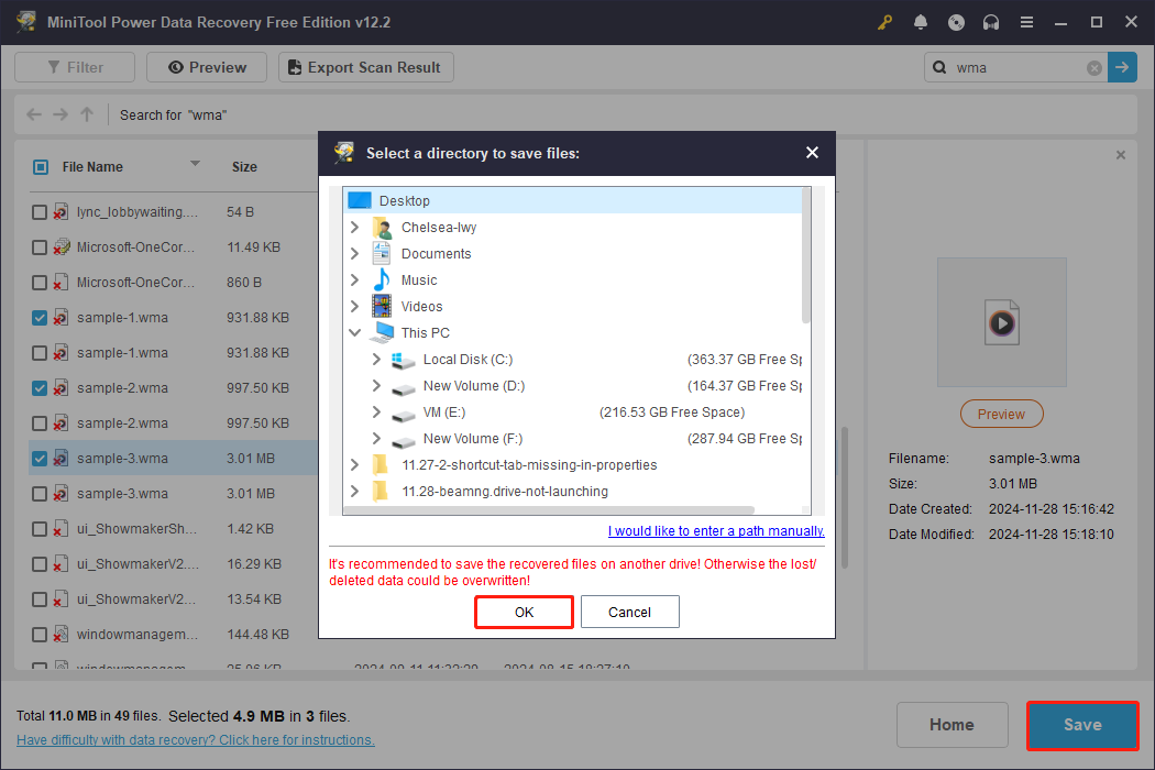 save the needed WMA files to a new location in MiniTool Power Data Recovery