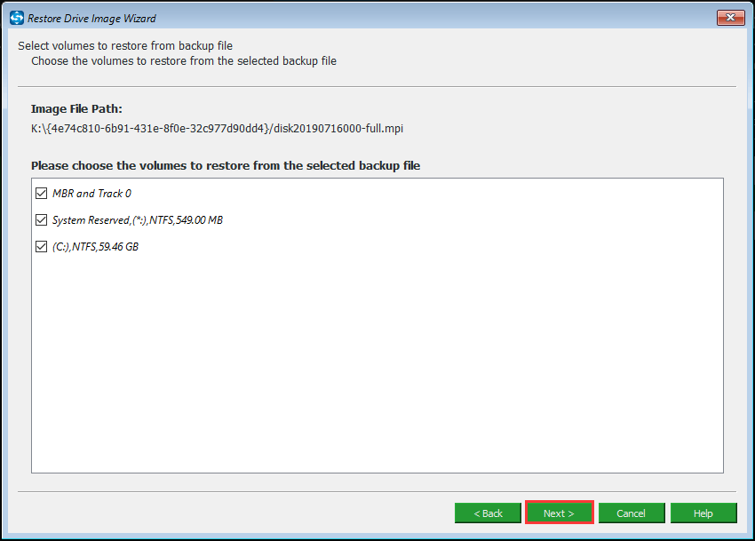 choisir la partition à restaurer