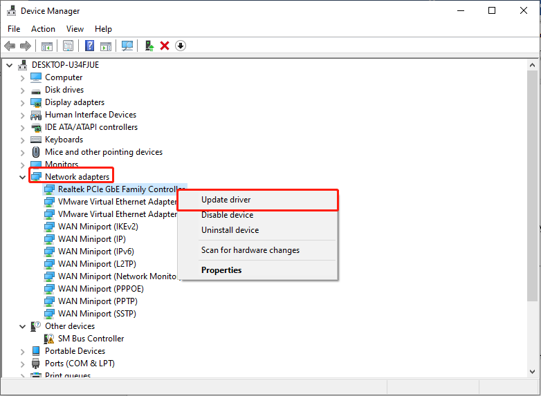 expand the Network adapters section and update the Realtek Ethernet device