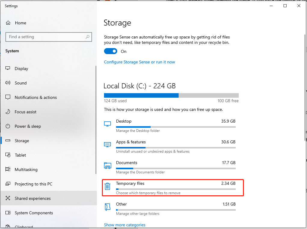 choose Temporary files in the Storage screen