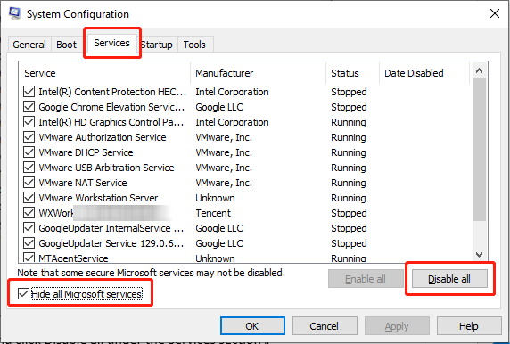 check Hide all Microsoft services and click Disable all under the Services section