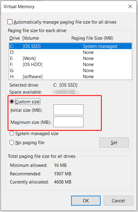 increase virtual memory manage paging size