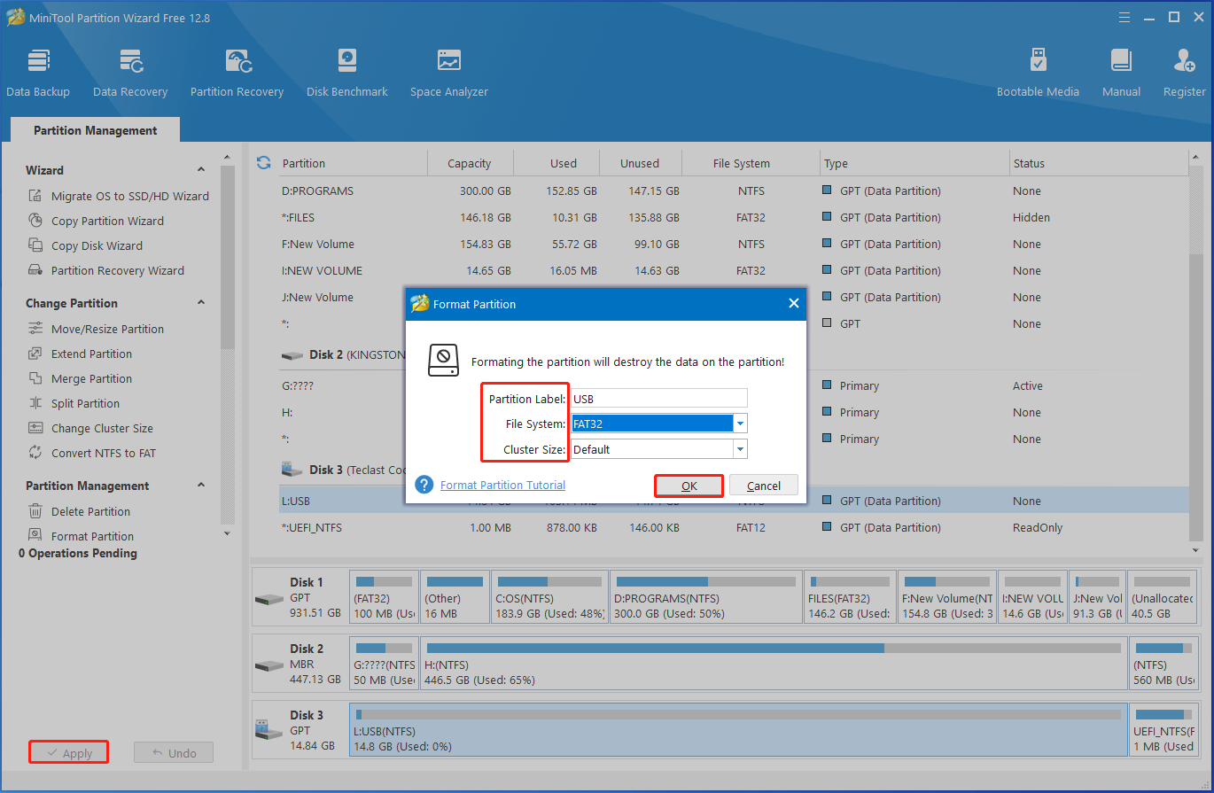 Partition Magic configures the settings and applies the operation