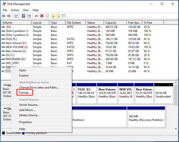 click the Format option in Disk Management