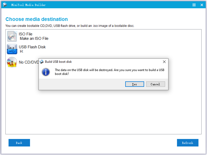 click on Yes in the Build USB boot disk window