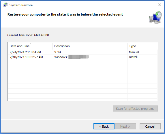 select a desired restore point in Windows Recovery Environment