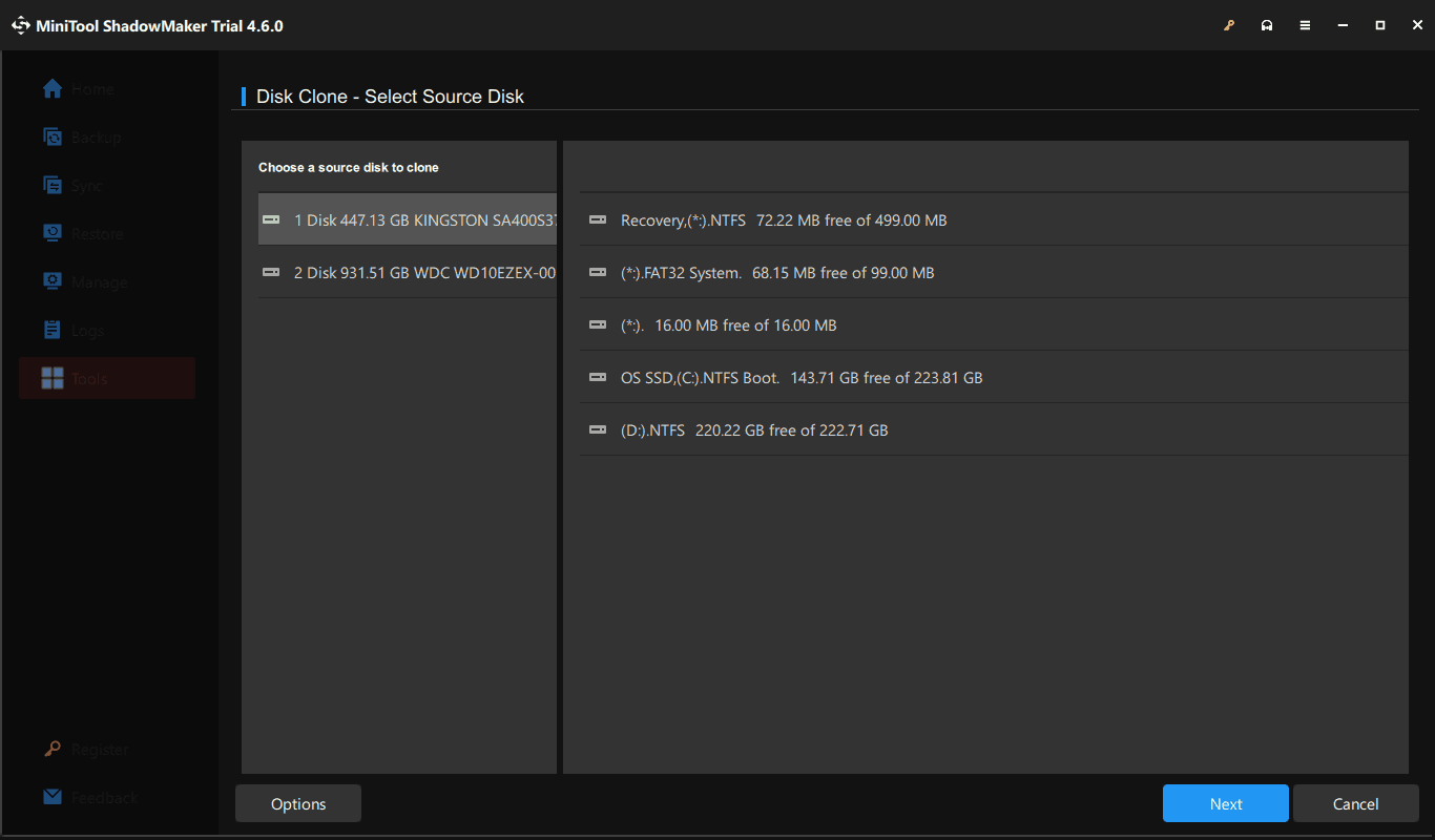 choose source disk to clone in MiniTool ShadowMaker