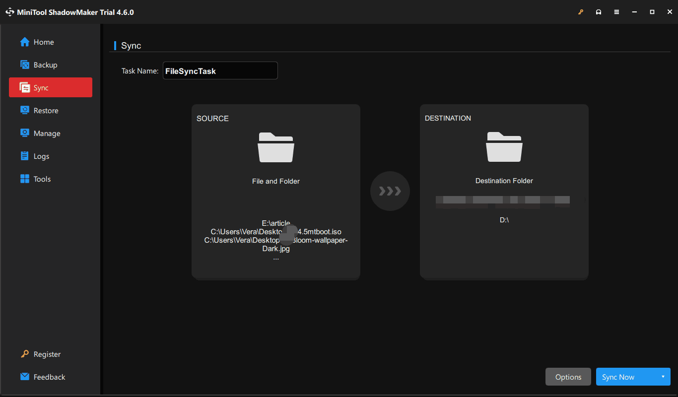 MiniTool ShadowMaker sync page to sync files