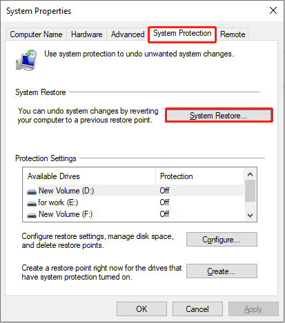 click on System Restore under the System Protection