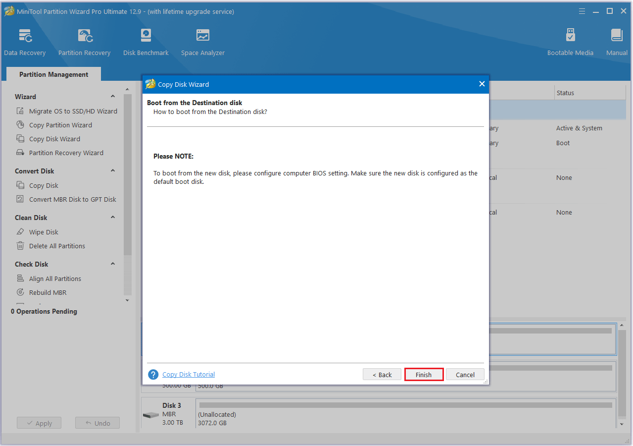 read boot note and click the Finish button in MiniTool Partition Wizard