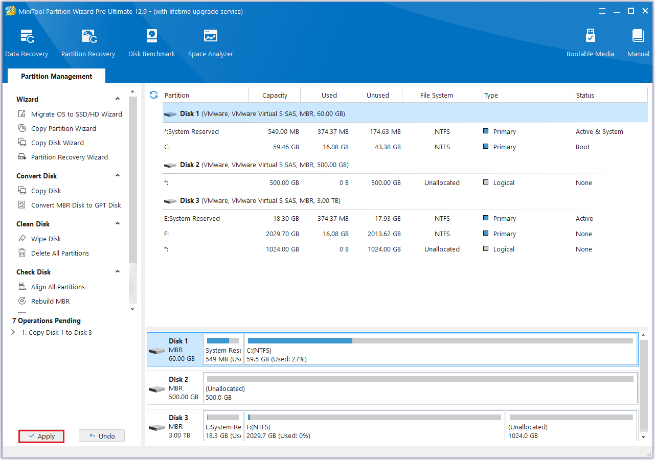 click Apply button to finish the clone progress in MiniTool Partition Wizard