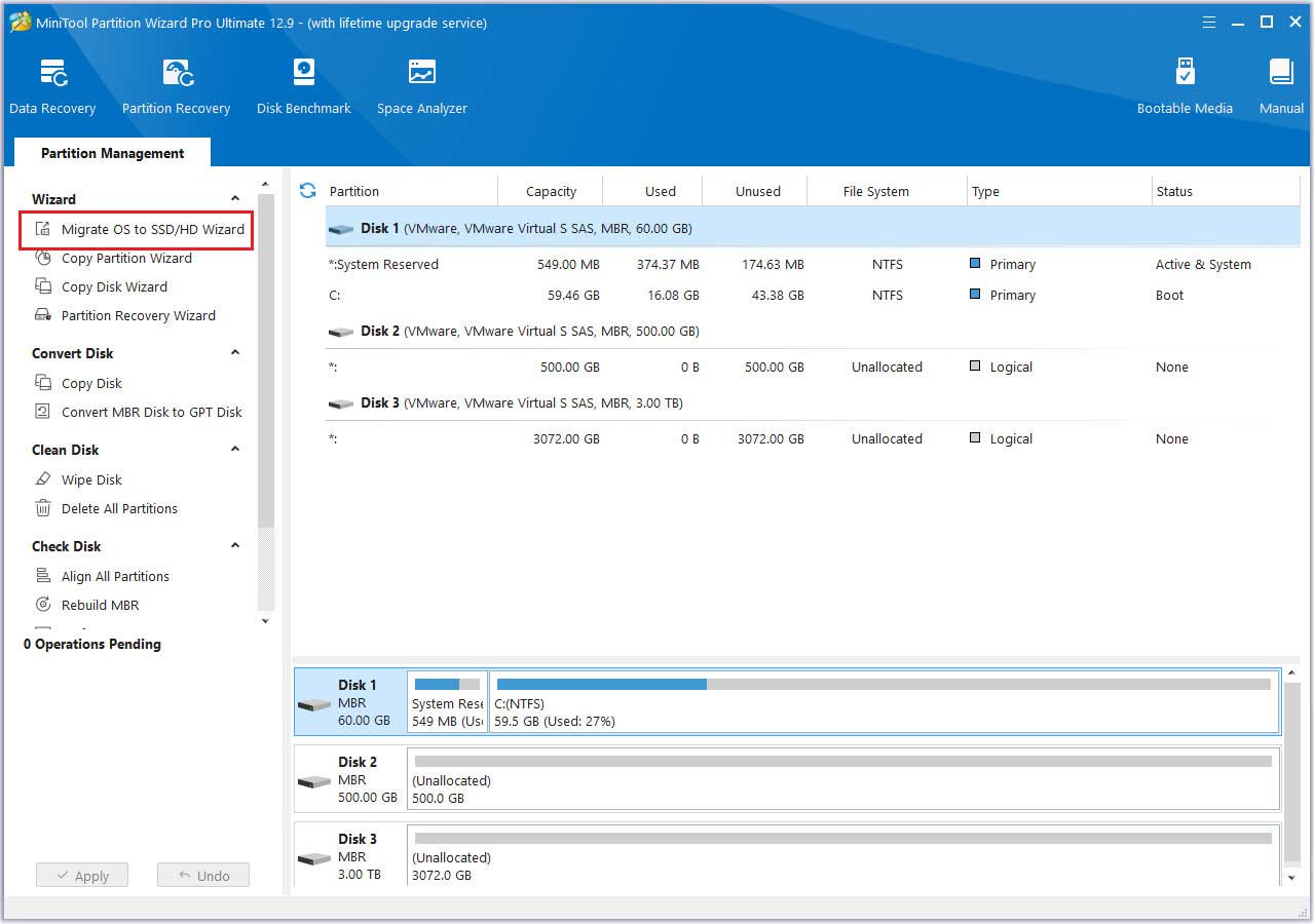 click Migrate OS to SSD/HD Wizard feature to migrate a disk in MiniTool Partition Wizard