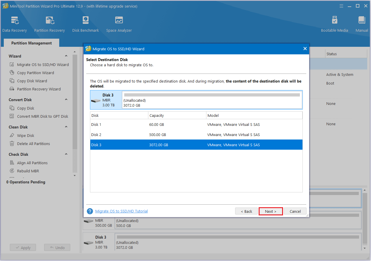 select a destination disk in MiniTool Partition Wizard