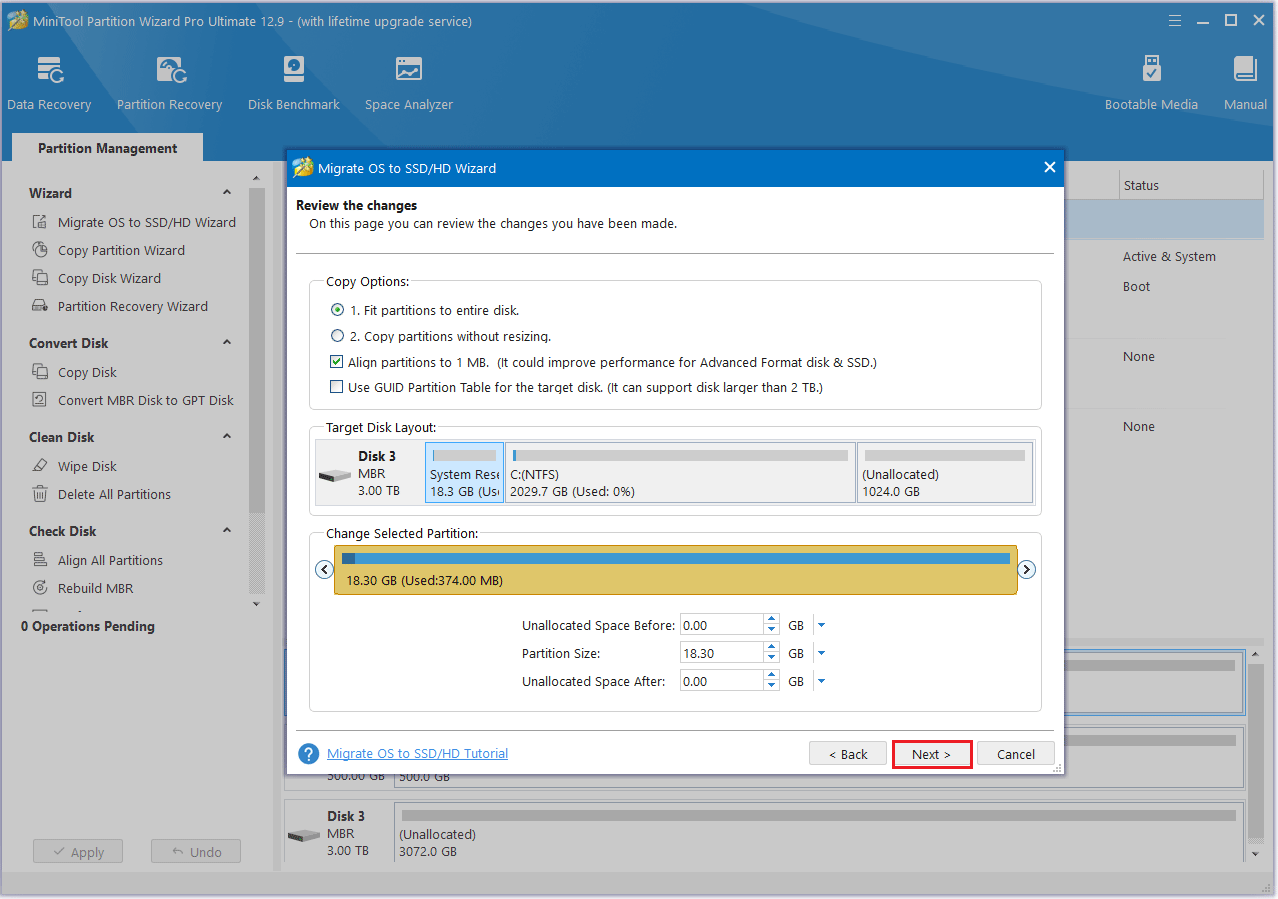 choose a copy option in MiniTool Partition Wizard