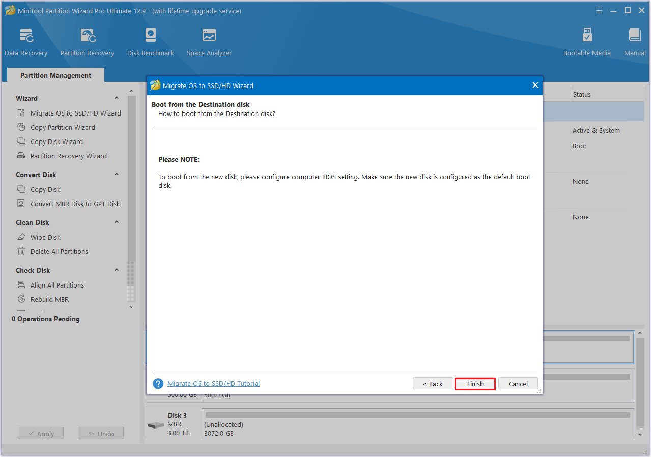 read boot note and click the Finish button in MiniTool Partition Wizard