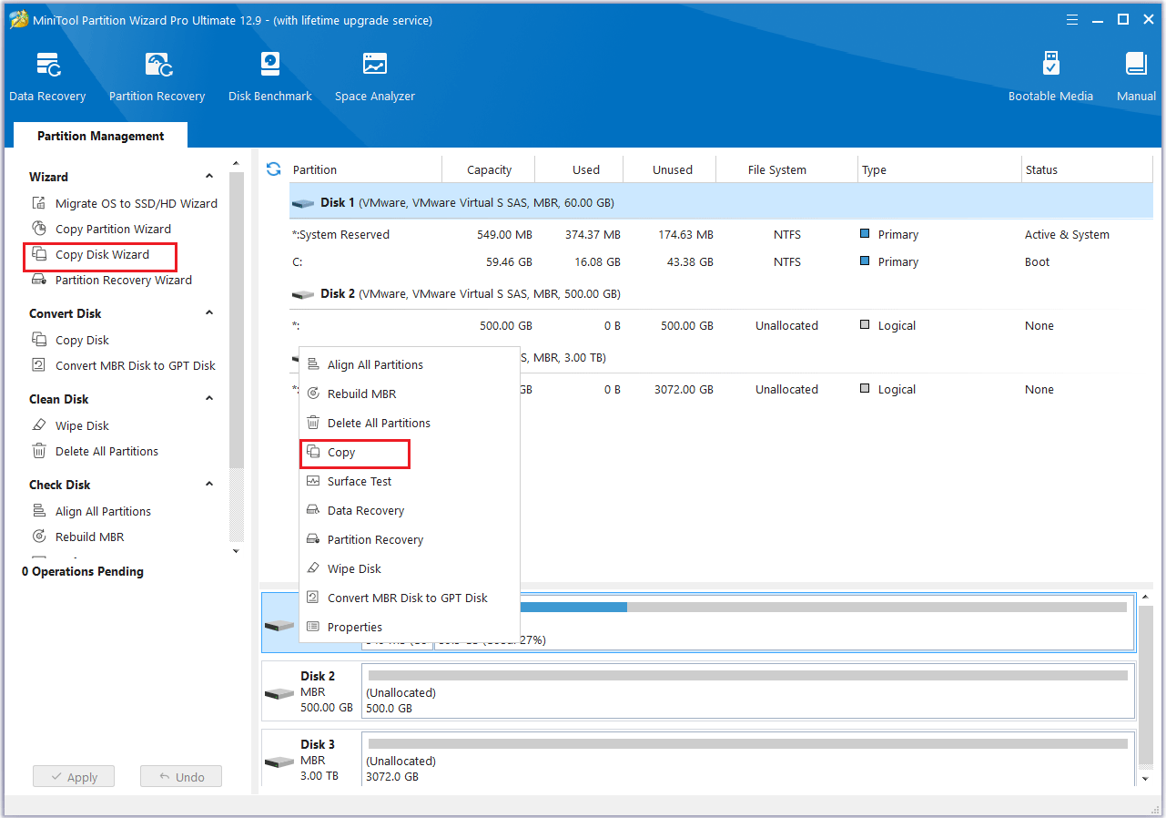 click Copy feature to clone a disk in MiniTool Partition Wizard