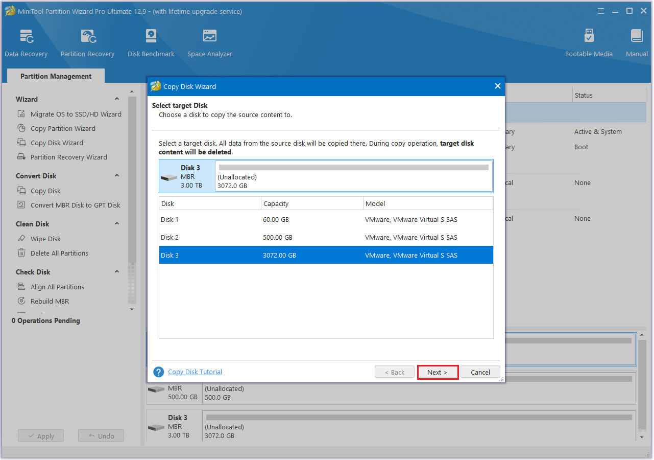 select a target disk in MiniTool Partition Wizard