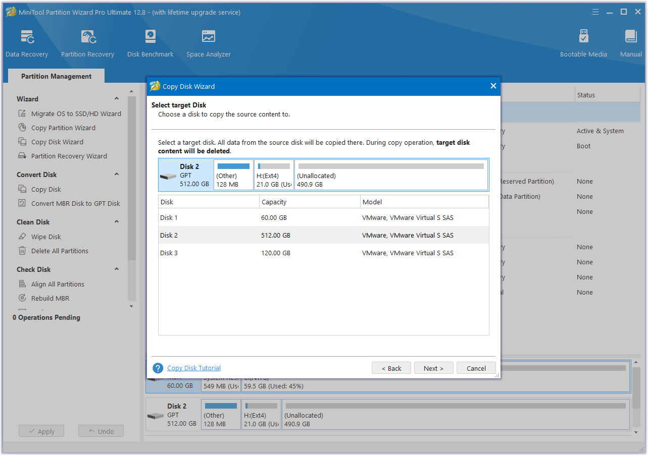 choose the target disk in MiniTool Partition Wizard