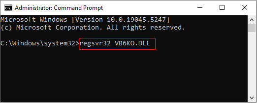 register the Vb6ko.dll file using the Command Prompt