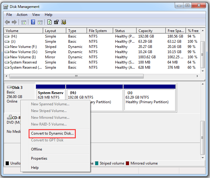 escolha Converter para Disco Dinâmico