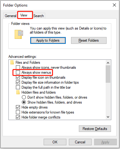 disable Always show menus