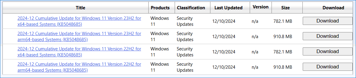 KB5048685 download in Microsoft Update Catalog