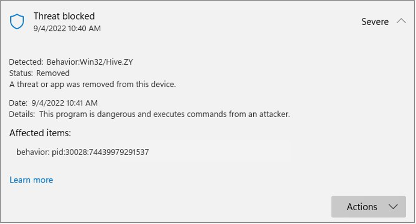 Windows Defender shows Behavior:Win32/Hive.ZY