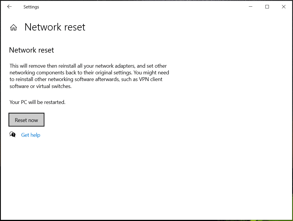 reset network in Windows 10 Settings