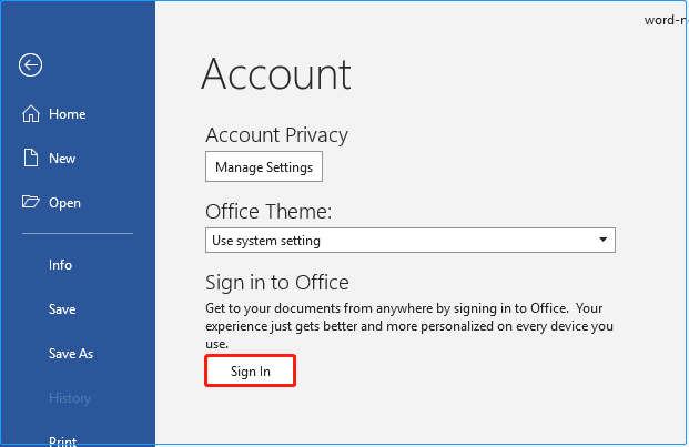 cliquez sur le bouton pour vous connecter à votre compte Microsoft