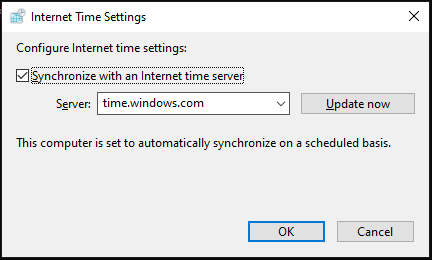 check Synchronize with an Internet time server and click the Update now button