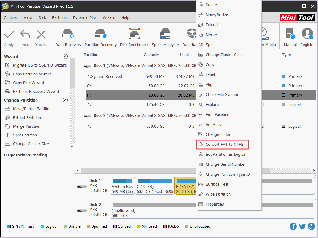 Seleccione Convertir FAT a NTFS en MiniTool Partition Wizard