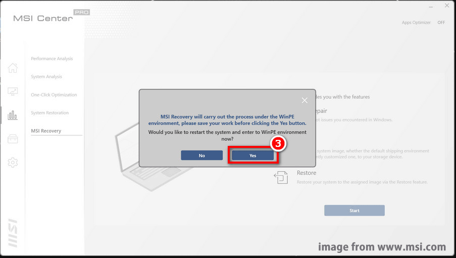 hit Yes to restart your MSI laptop and enter WinPE 