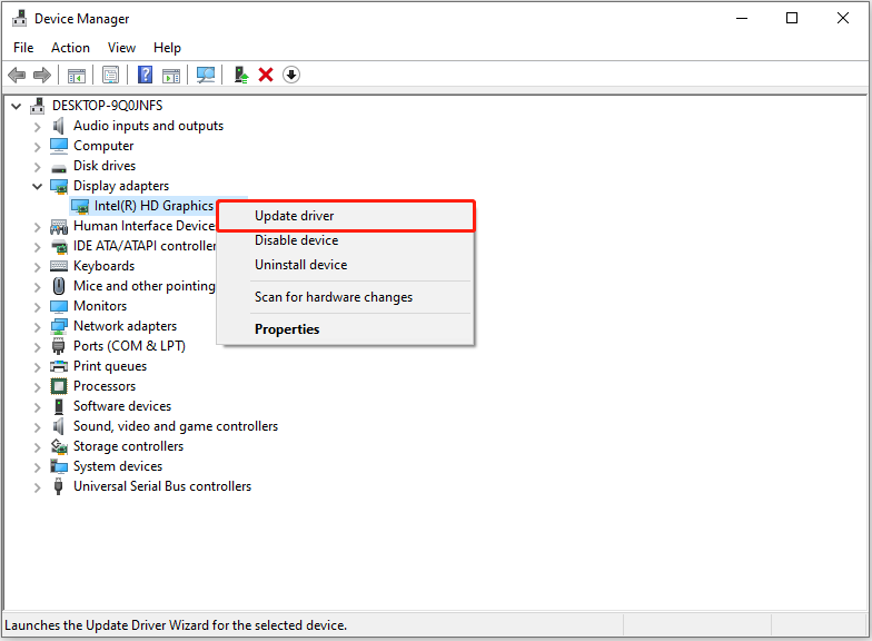 update the Intel video card driver from Device Manager