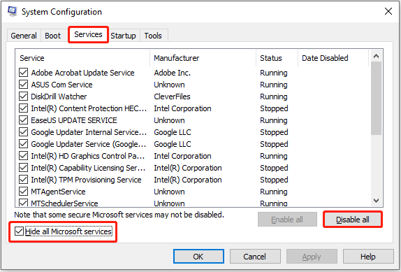 disable all non-Microsoft services in the System Configuration window