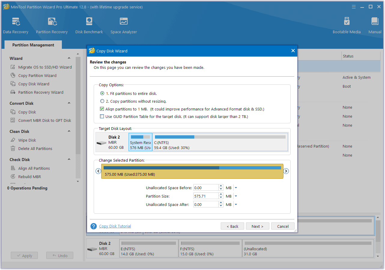 imposta Opzioni di copia e regola il layout del disco