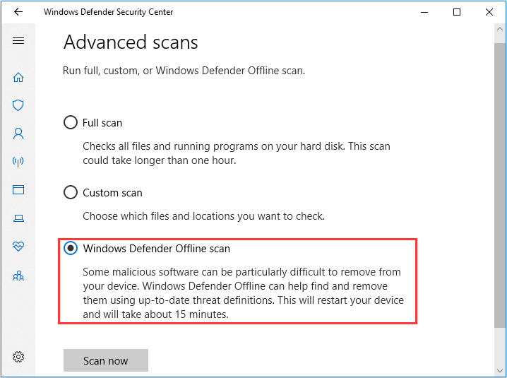 esegui scansione offline di Windows Defender