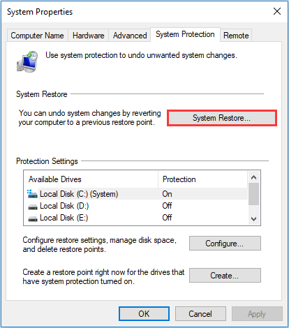 fai clic su Ripristino configurazione di sistema
