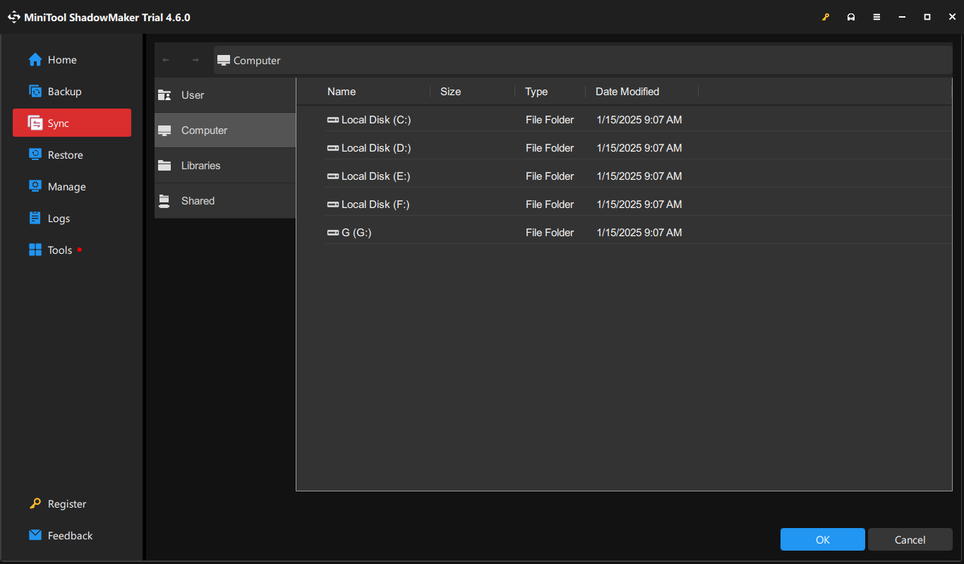 select a destination path for the sync task in MiniTool ShadowMaker