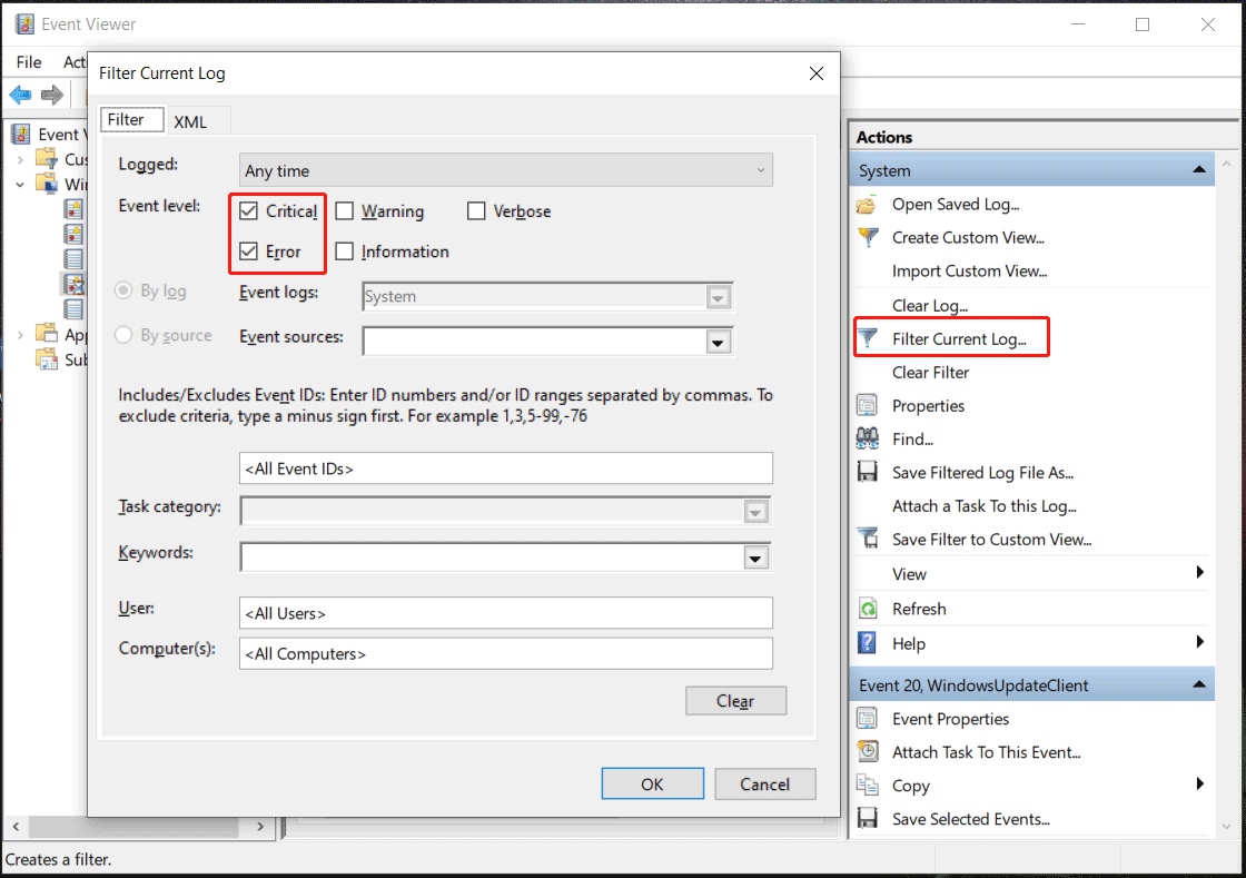 Compruebe el código de parada de Windows a través del visor de eventos