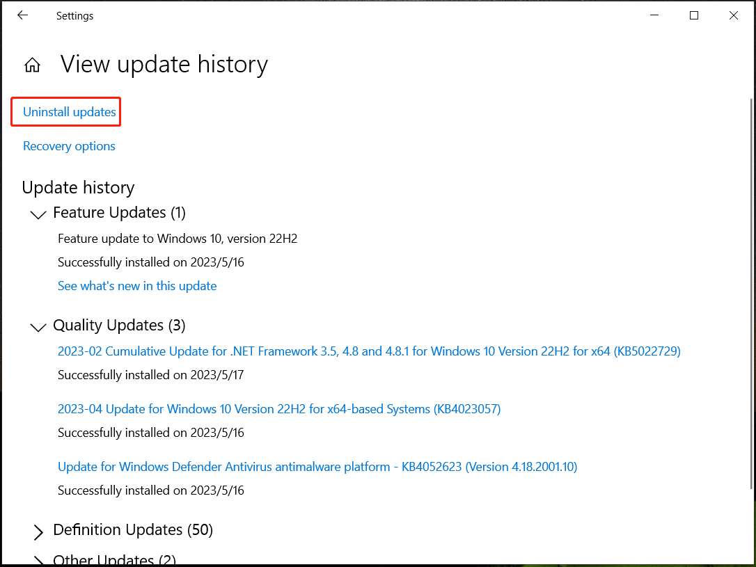 Windows 10 actualizaciones de la desinstalación 10
