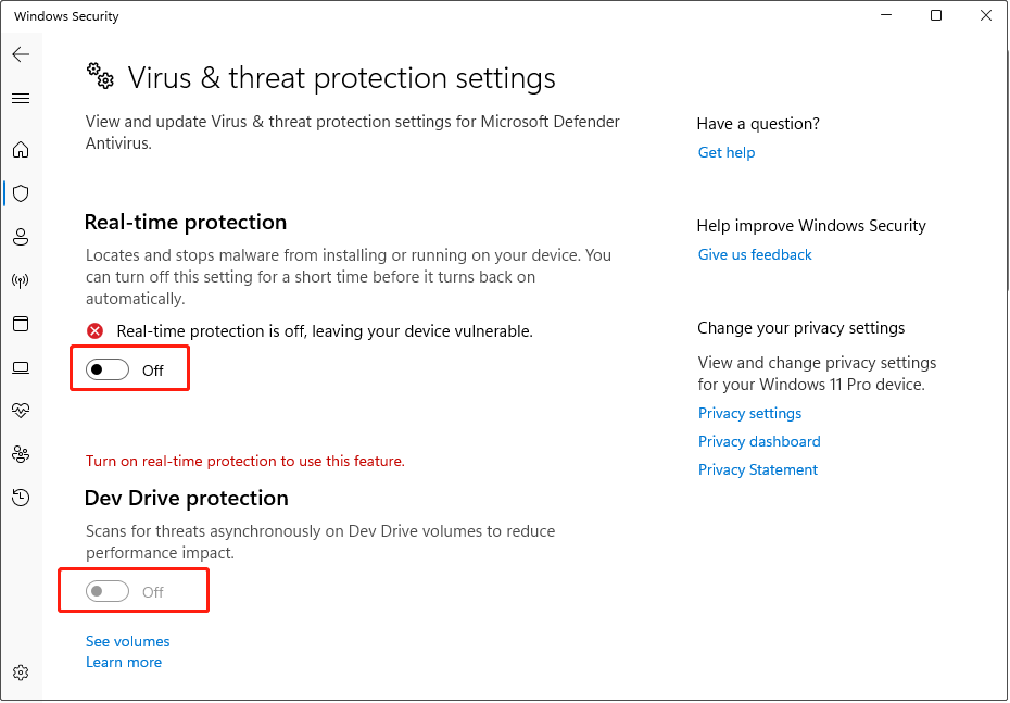 disable real-time protection and dev drive protection in Windows Security settings