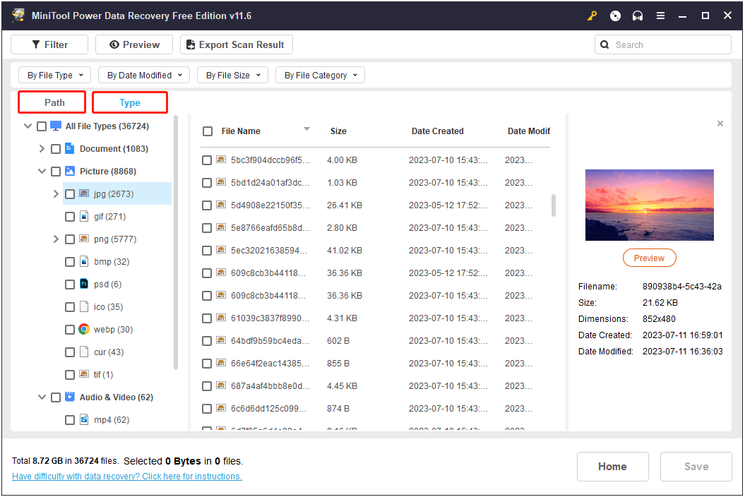 Ver archivos por ruta y tipo de archivo
