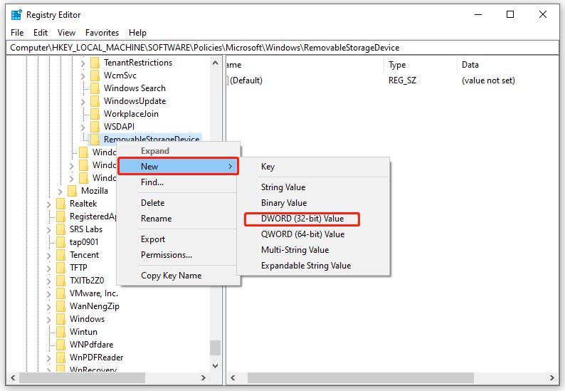 create a new DWORD (32-bit) value under RemovableStorageDevice
