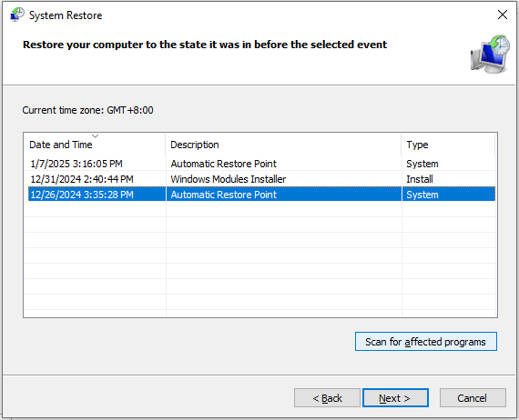 choose a restore point