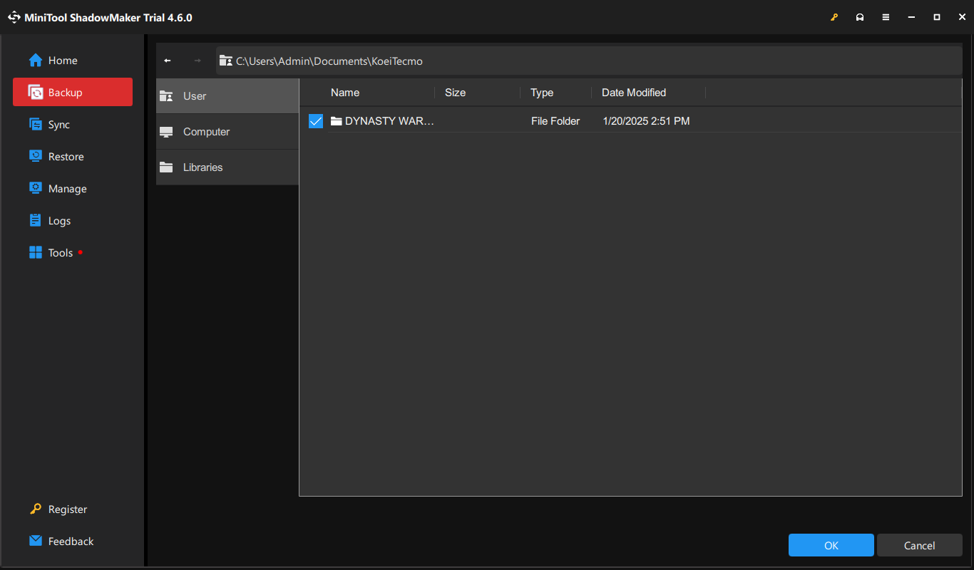 select the Dynasty Warriors Origins folder as the backup source in MiniTool ShadowMaker