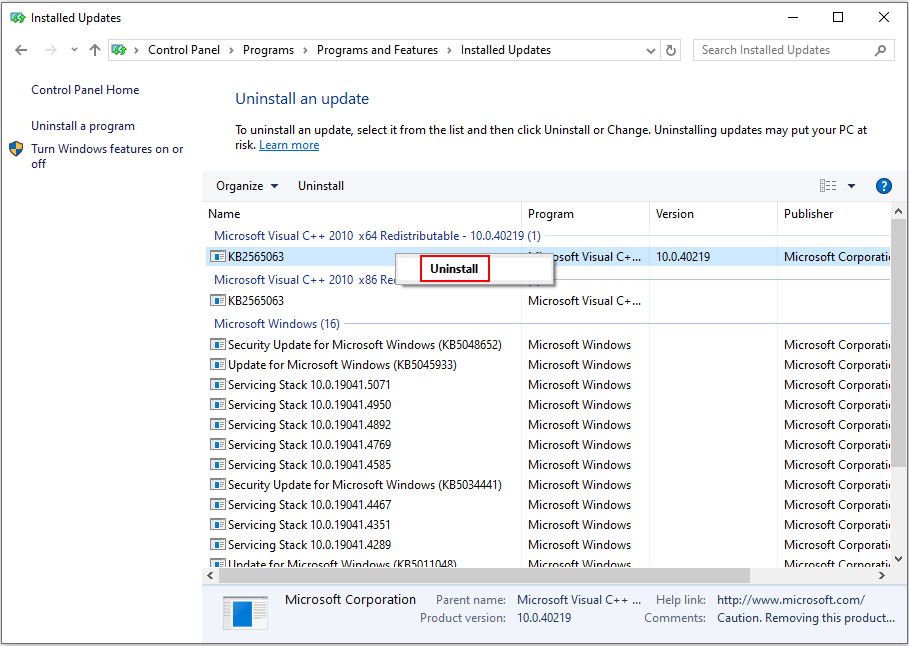 uninstall the latest Windows update in the Control Panel